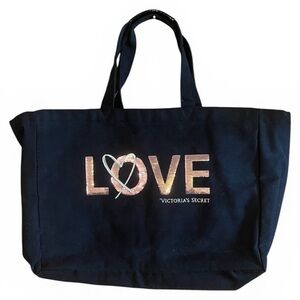 Victoria's Secret Love Sequin Heart Black Canvas Tote Bag Weekender Beach Travel